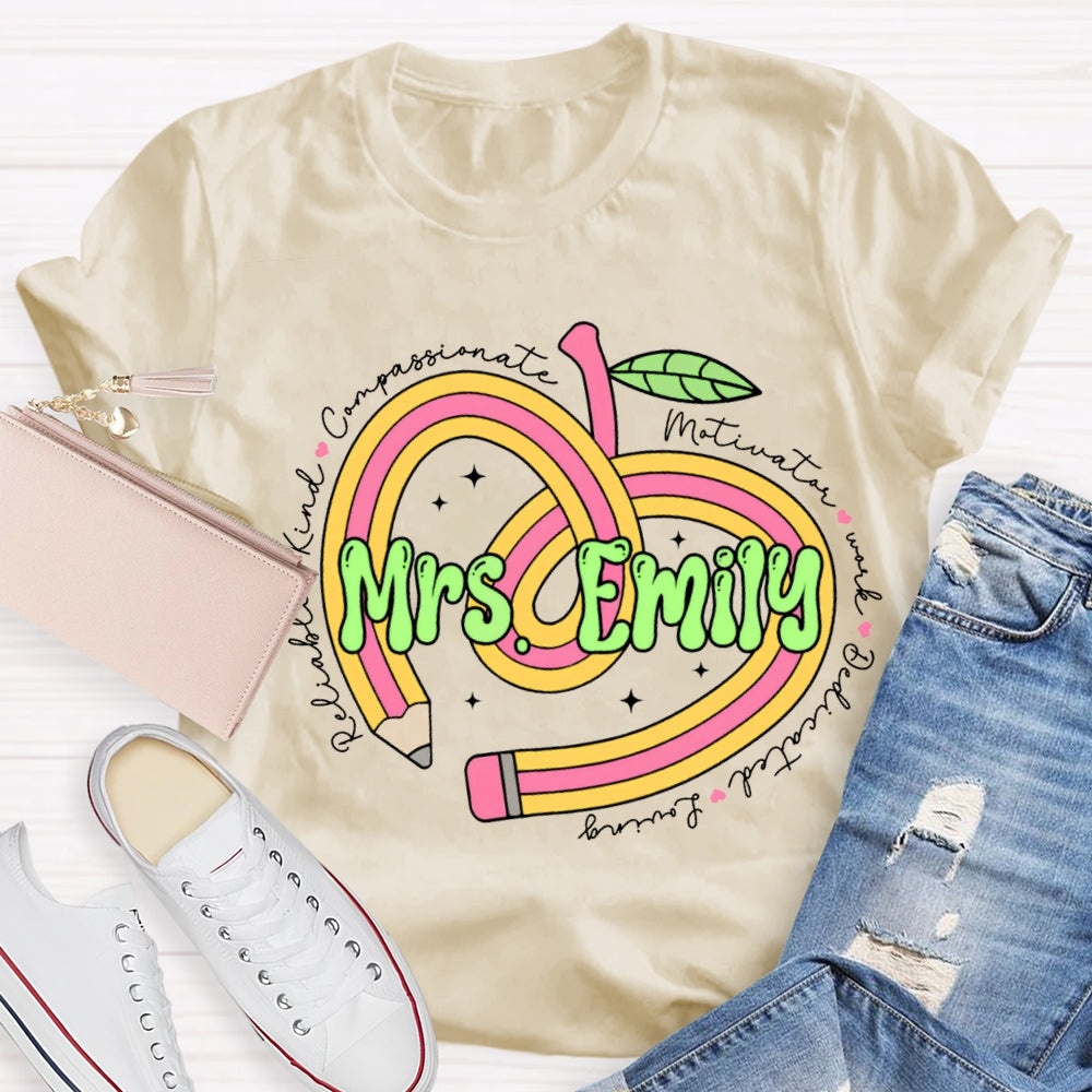 Personalized Name Pencil Heart Teacher T-shirt