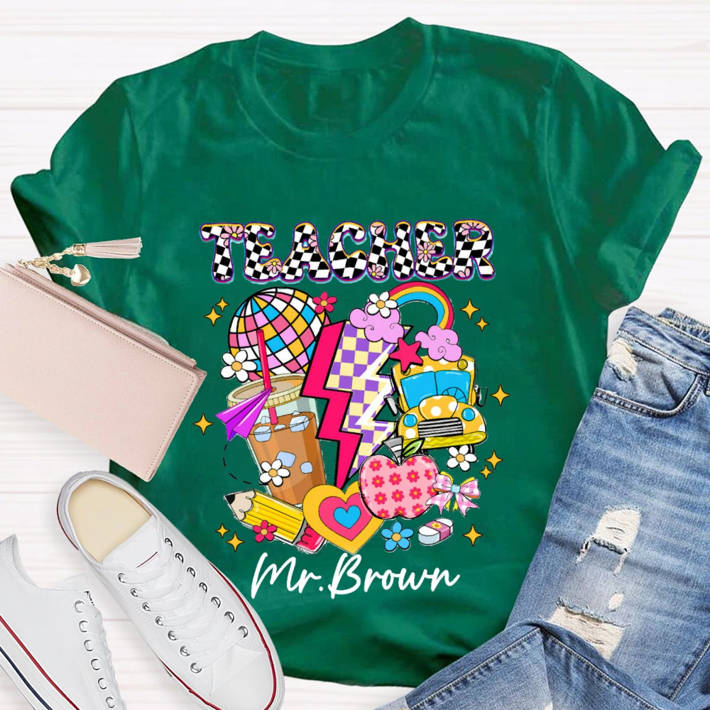 Personalized Name Checkerboard Pink Apple Pencil T-shirt