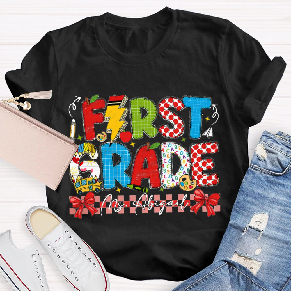 Personalized Name And Grade First Grade Red Bow T-shirt