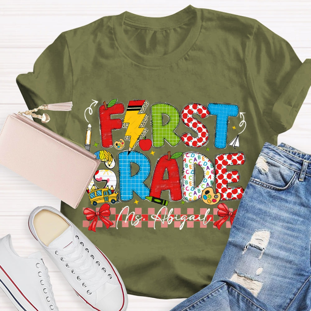 Personalized Name And Grade First Grade Red Bow T-shirt