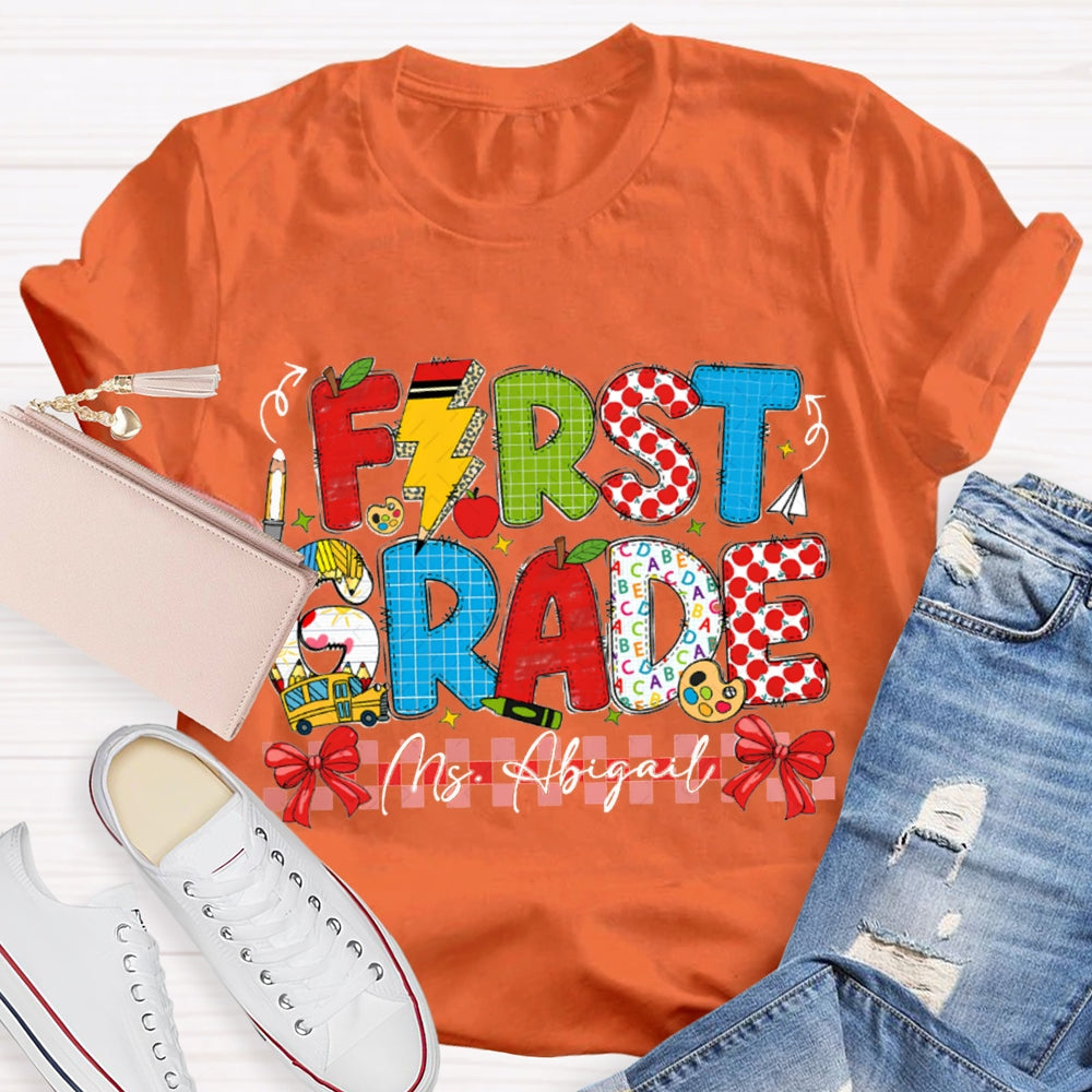 Personalized Name And Grade First Grade Red Bow T-shirt