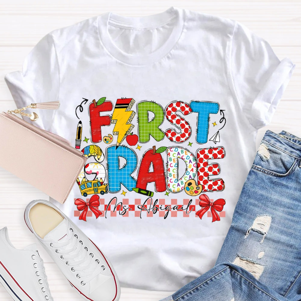 Personalized Name And Grade First Grade Red Bow T-shirt