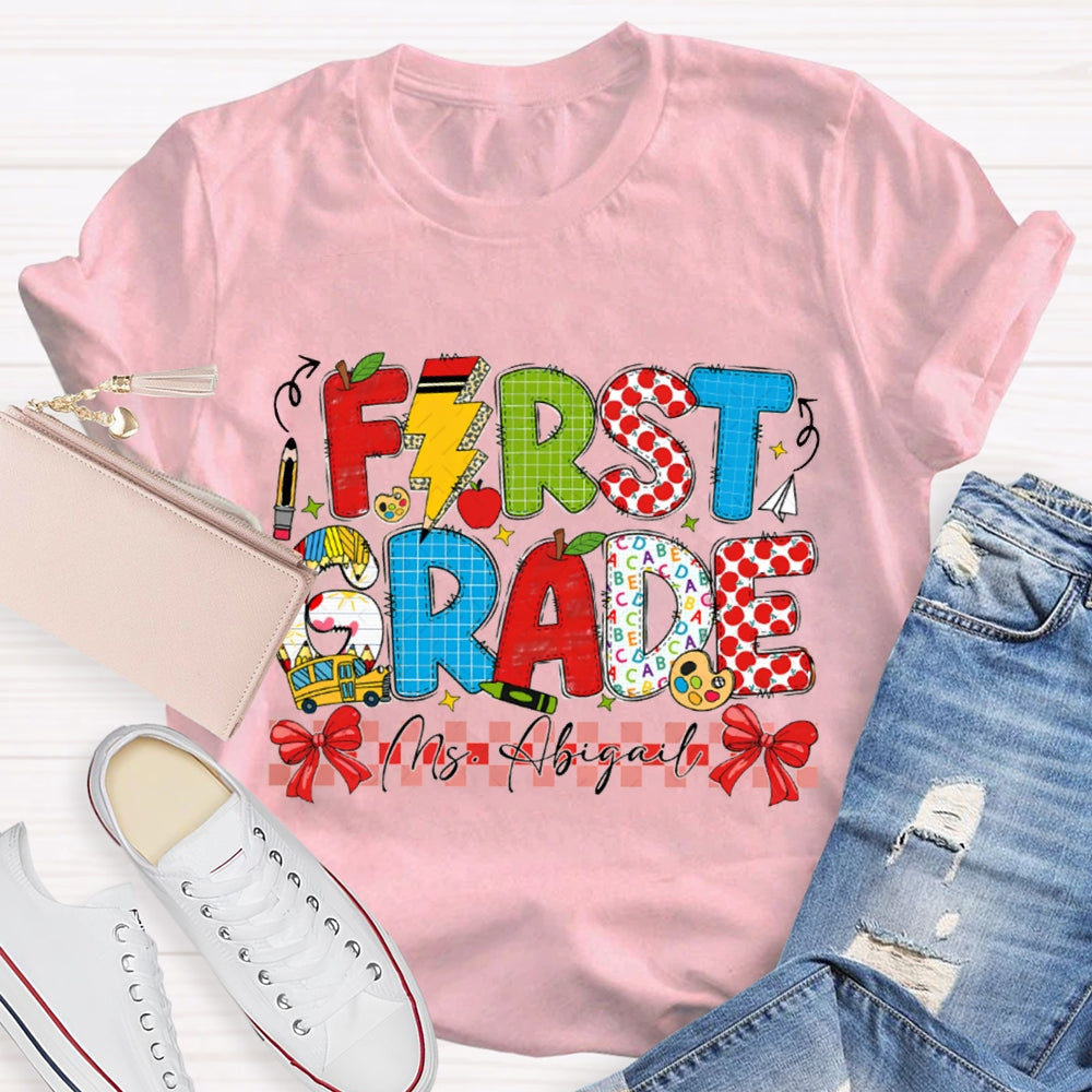 Personalized Name And Grade First Grade Red Bow T-shirt