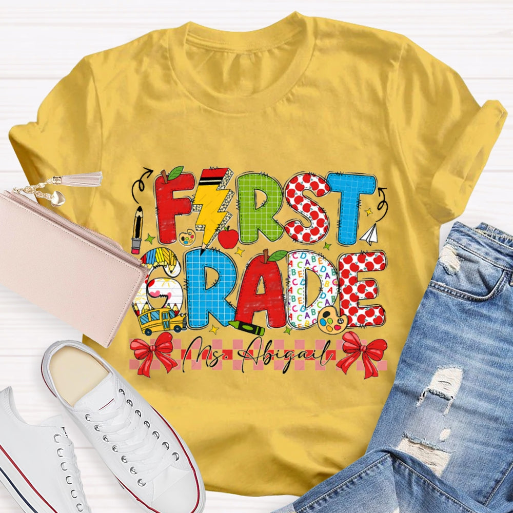 Personalized Name And Grade First Grade Red Bow T-shirt