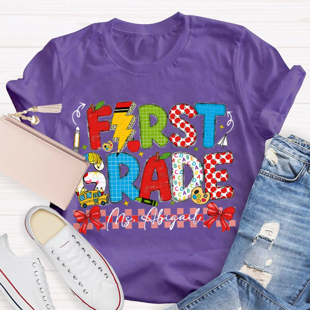 Personalized Name And Grade First Grade Red Bow T-shirt