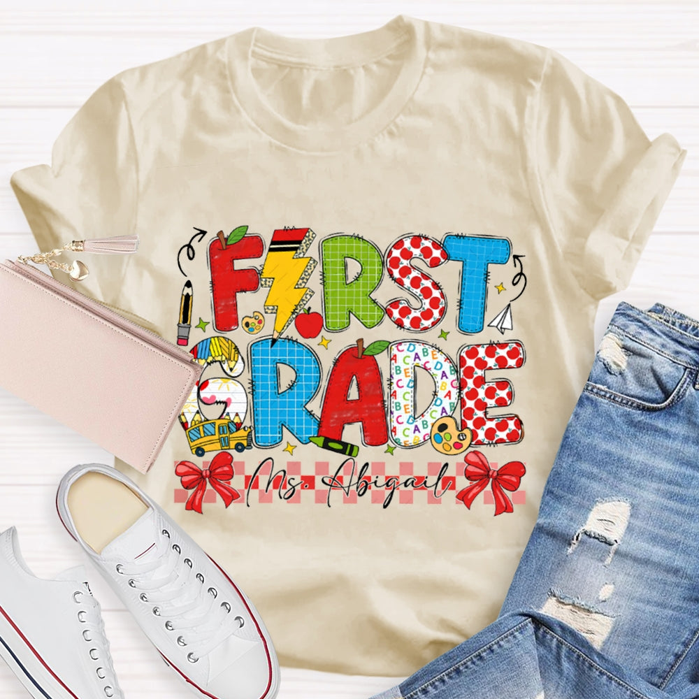 Personalized Name And Grade First Grade Red Bow T-shirt