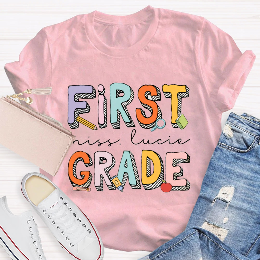Personalized Name And Grade First Grade Striped Letter Print T-shirt