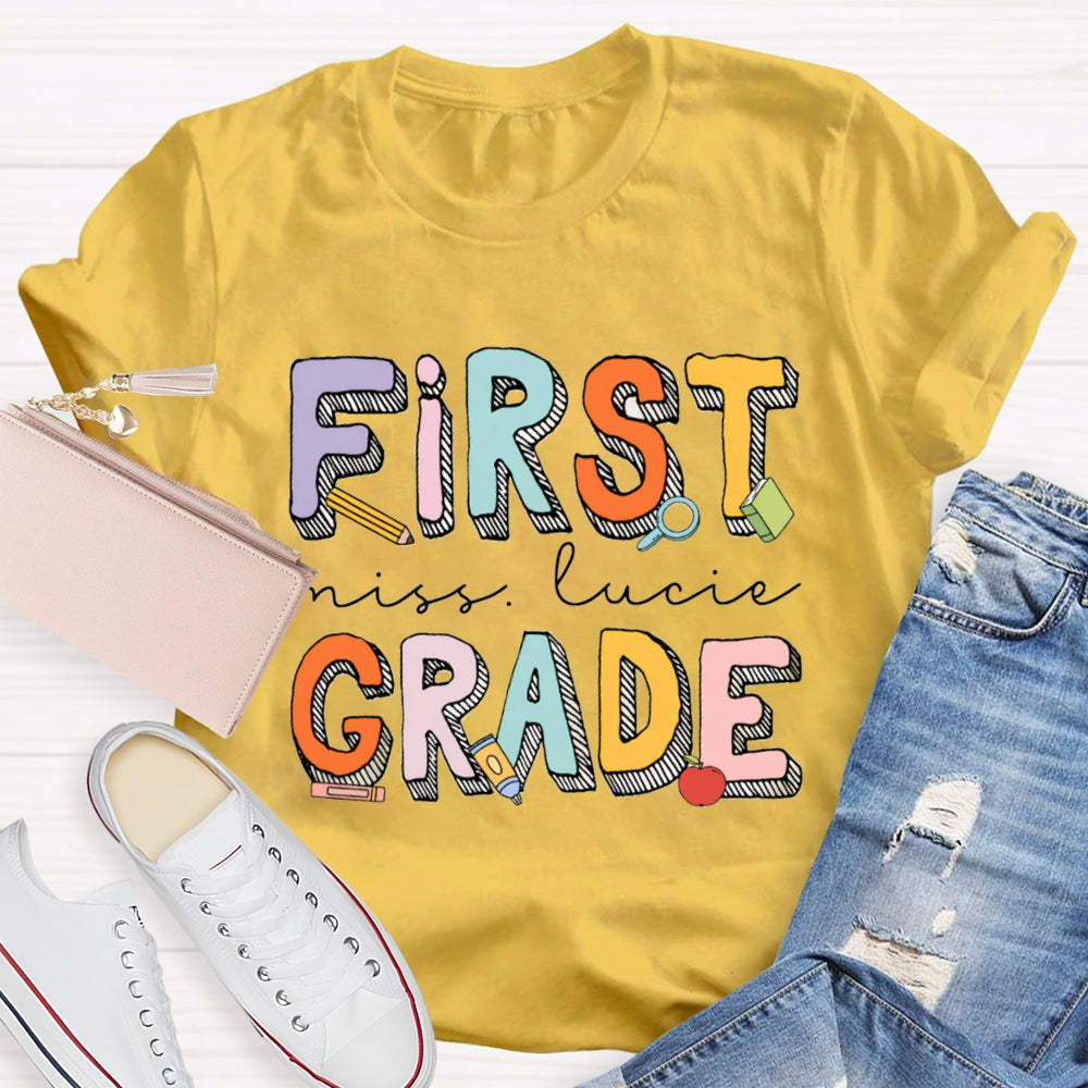 Personalized Name And Grade First Grade Striped Letter Print T-shirt