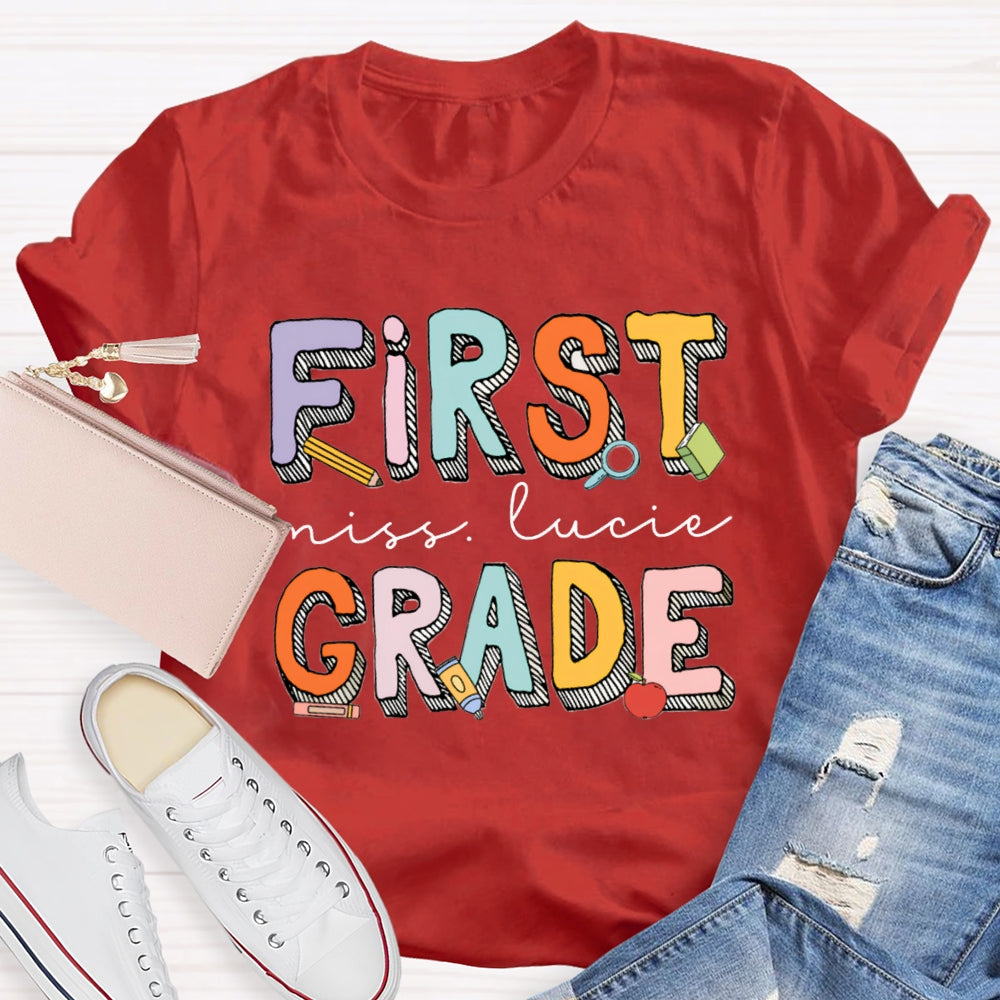 Personalized Name And Grade First Grade Striped Letter Print T-shirt