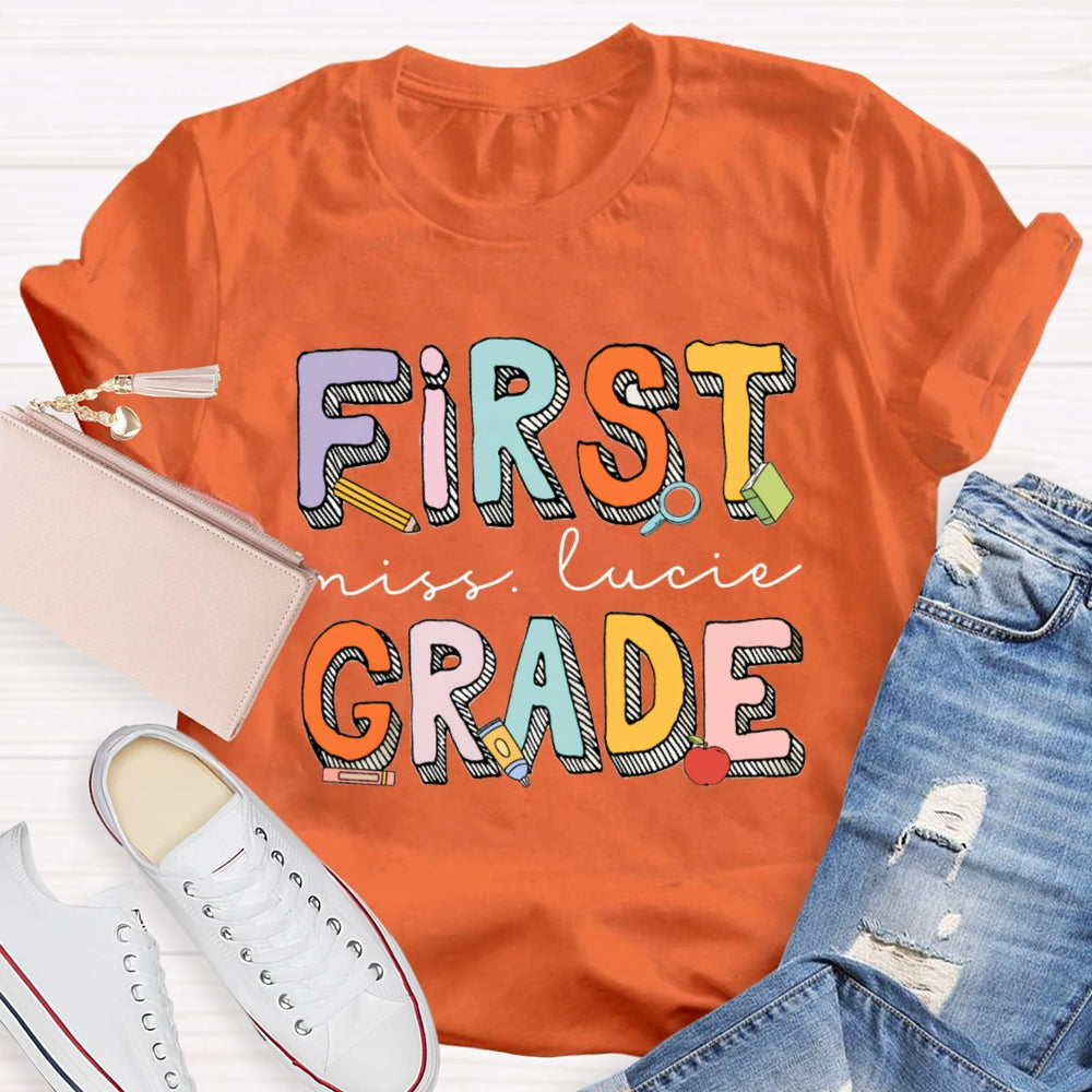 Personalized Name And Grade First Grade Striped Letter Print T-shirt