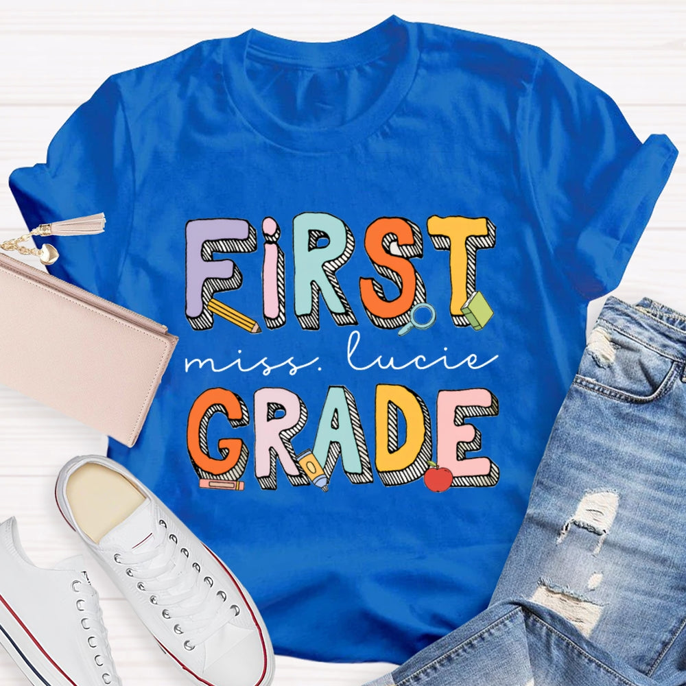 Personalized Name And Grade First Grade Striped Letter Print T-shirt
