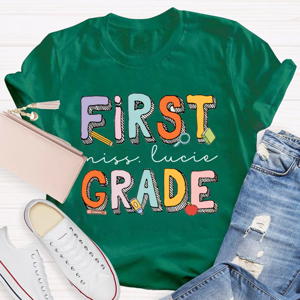 Personalized Name And Grade First Grade Striped Letter Print T-shirt