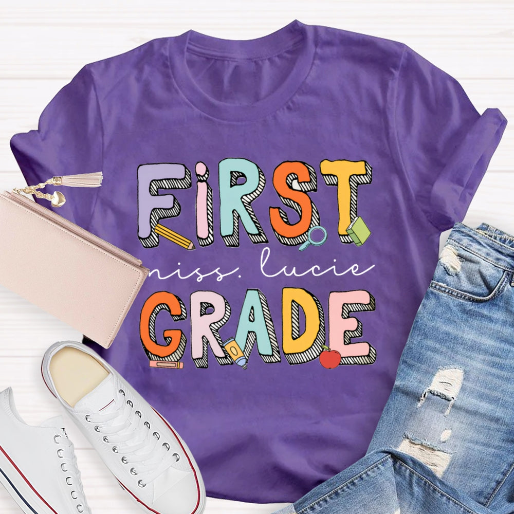 Personalized Name And Grade First Grade Striped Letter Print T-shirt