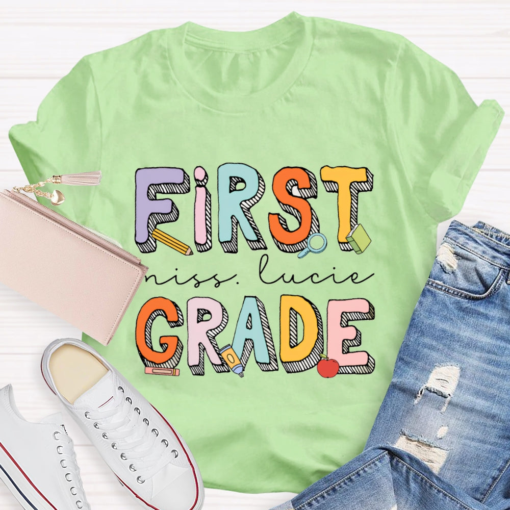 Personalized Name And Grade First Grade Striped Letter Print T-shirt