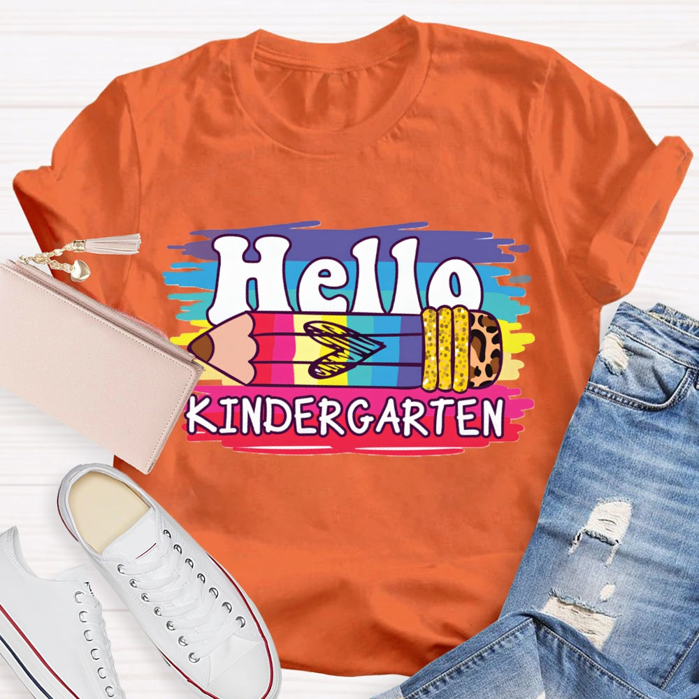 Personalized Grade Hello Kindergarten Colored And Leopard Print Pencils T-shirt