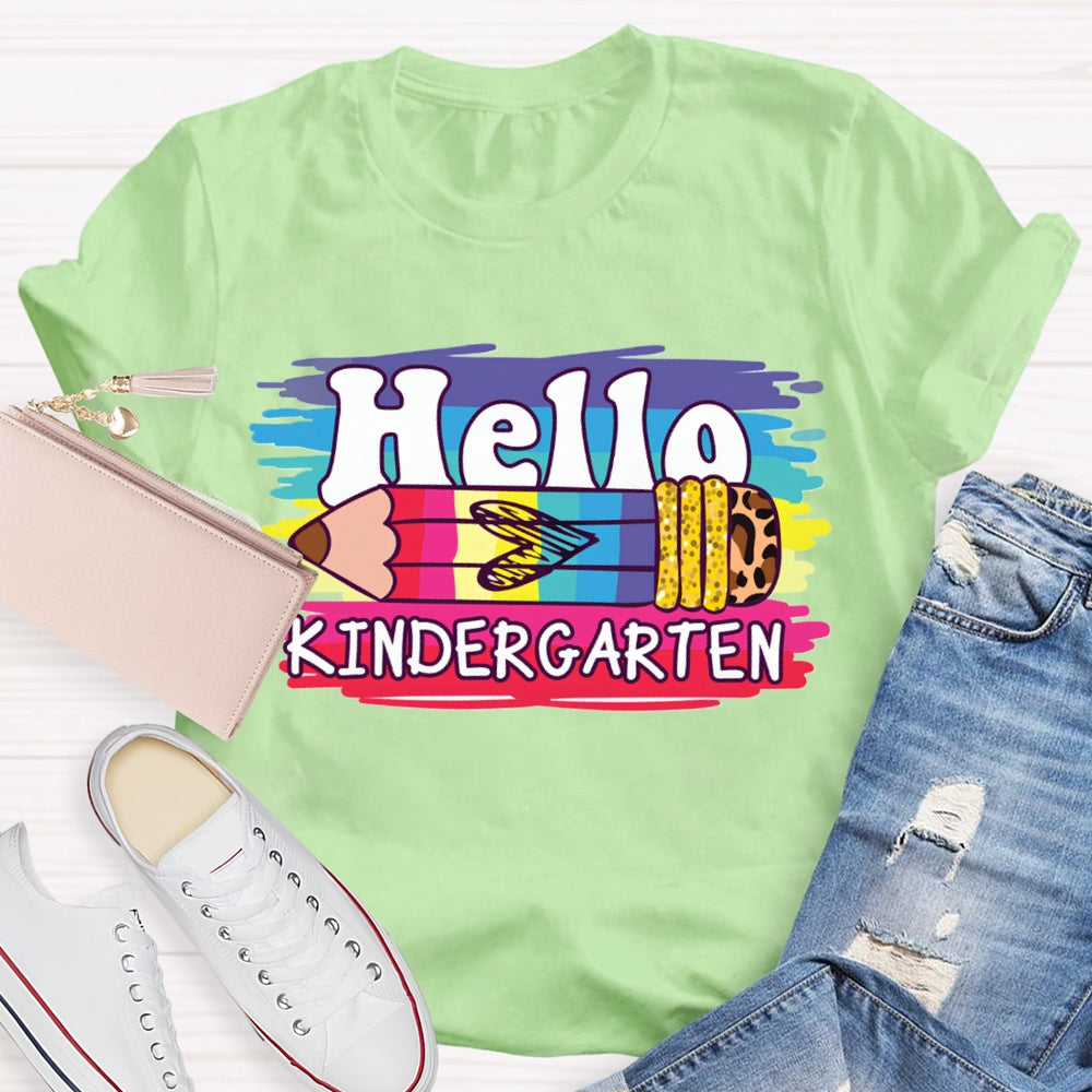 Personalized Grade Hello Kindergarten Colored And Leopard Print Pencils T-shirt