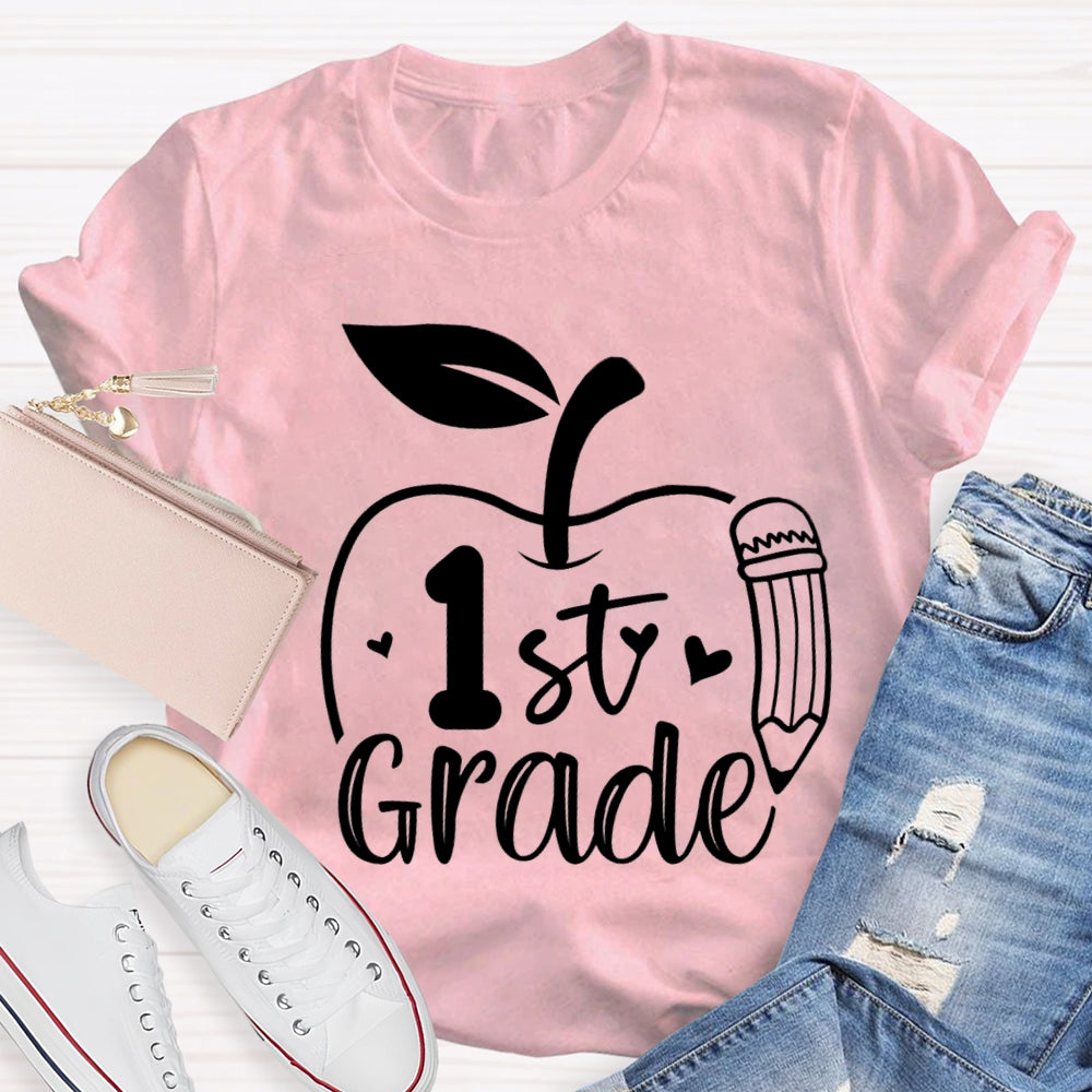 Personalized Grade Pencil And Apple Print Teacher T-shirt