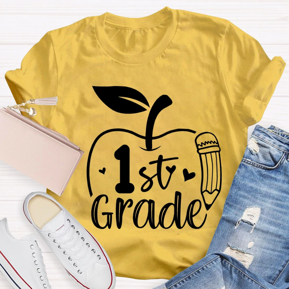 Personalized Grade Pencil And Apple Print Teacher T-shirt
