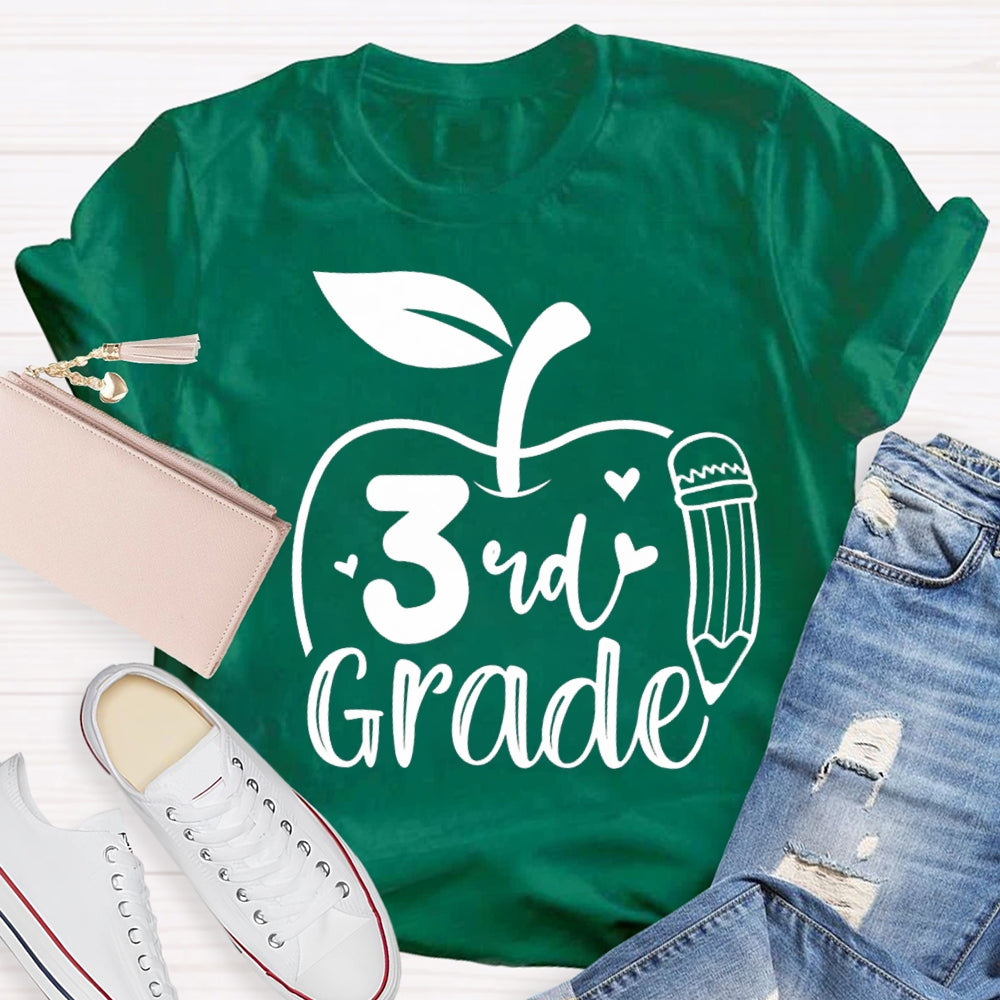Personalized Grade Pencil And Apple Print Teacher T-shirt