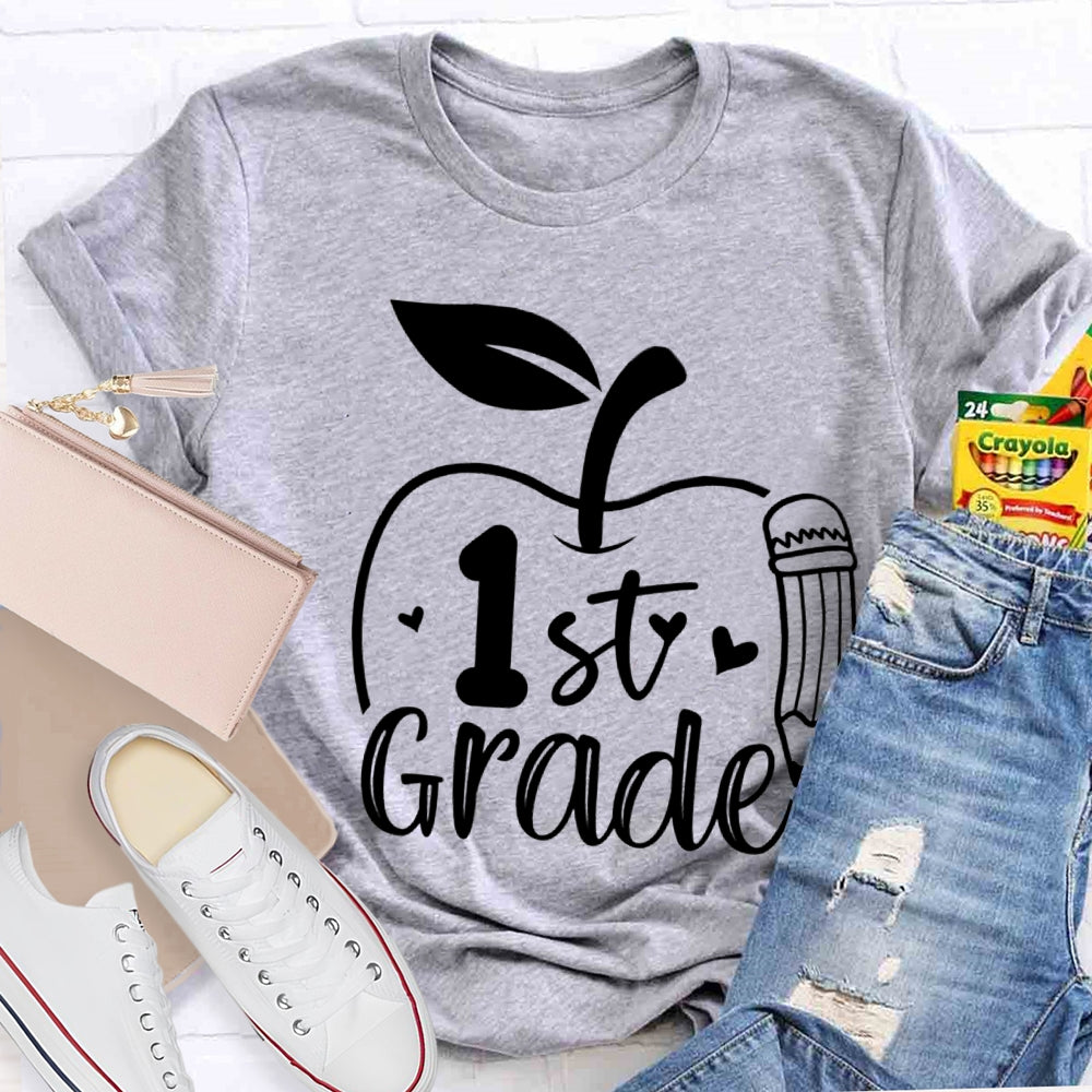 Personalized Grade Pencil And Apple Print Teacher T-shirt