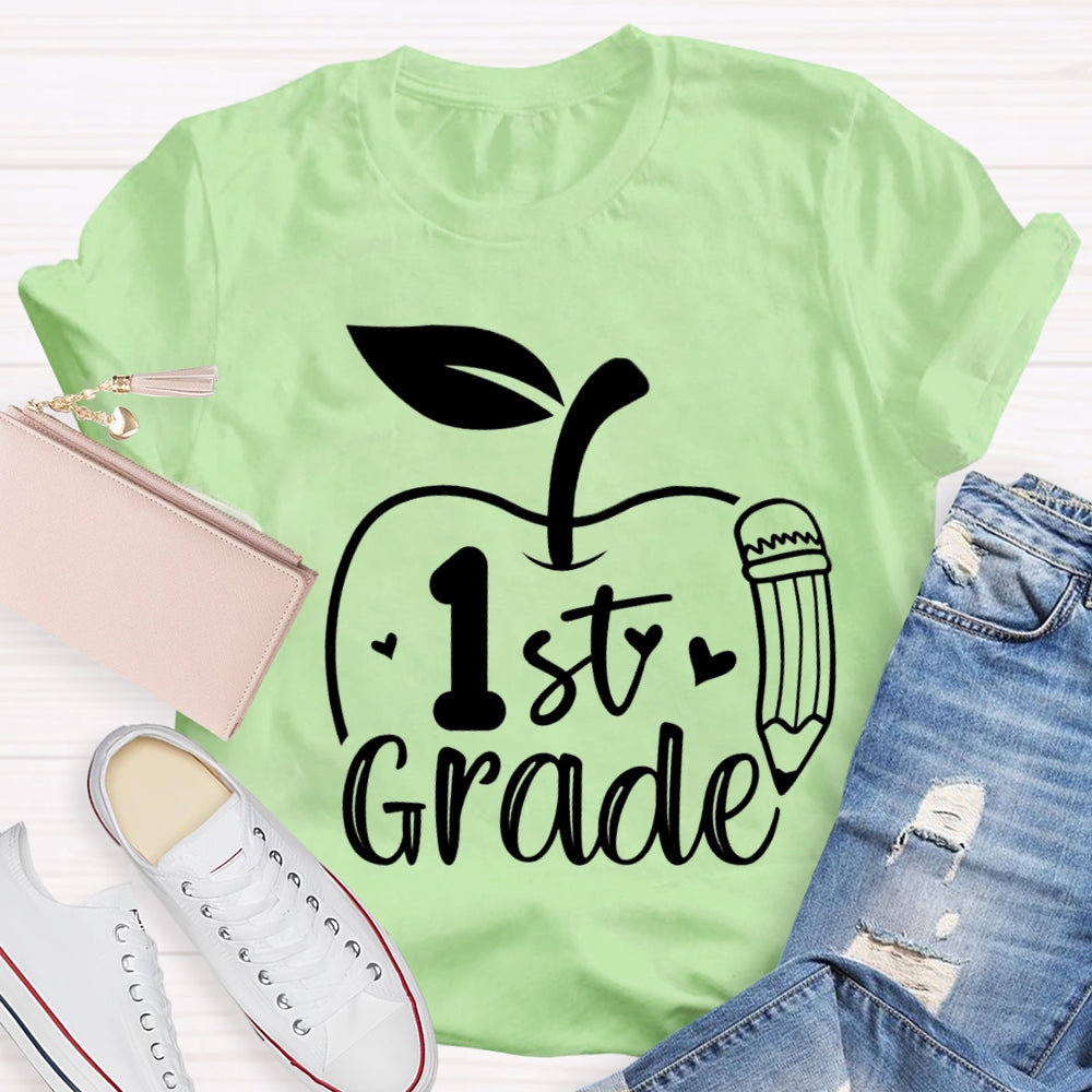 Personalized Grade Pencil And Apple Print Teacher T-shirt