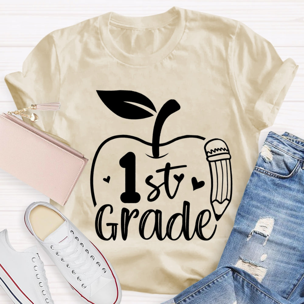 Personalized Grade Pencil And Apple Print Teacher T-shirt