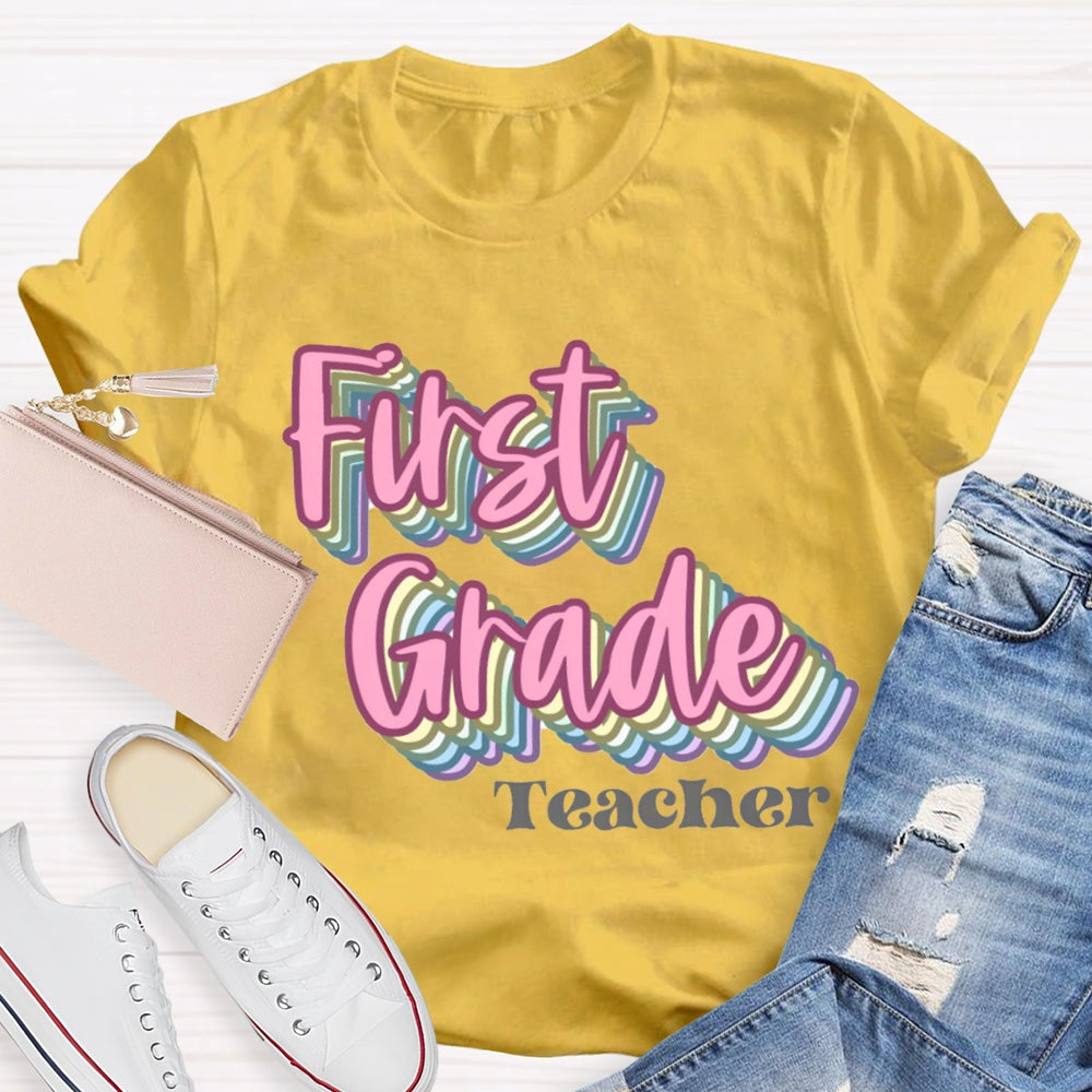 Personalized Grade First Grade Teacher Pink Overlay Printing T-shirt
