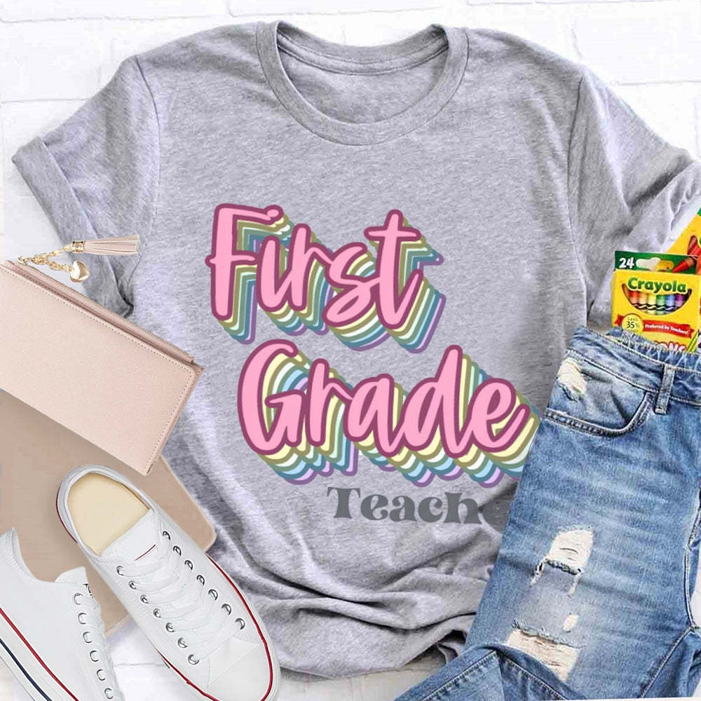 Personalized Grade First Grade Teacher Pink Overlay Printing T-shirt