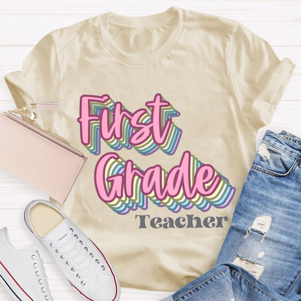 Personalized Grade First Grade Teacher Pink Overlay Printing T-shirt