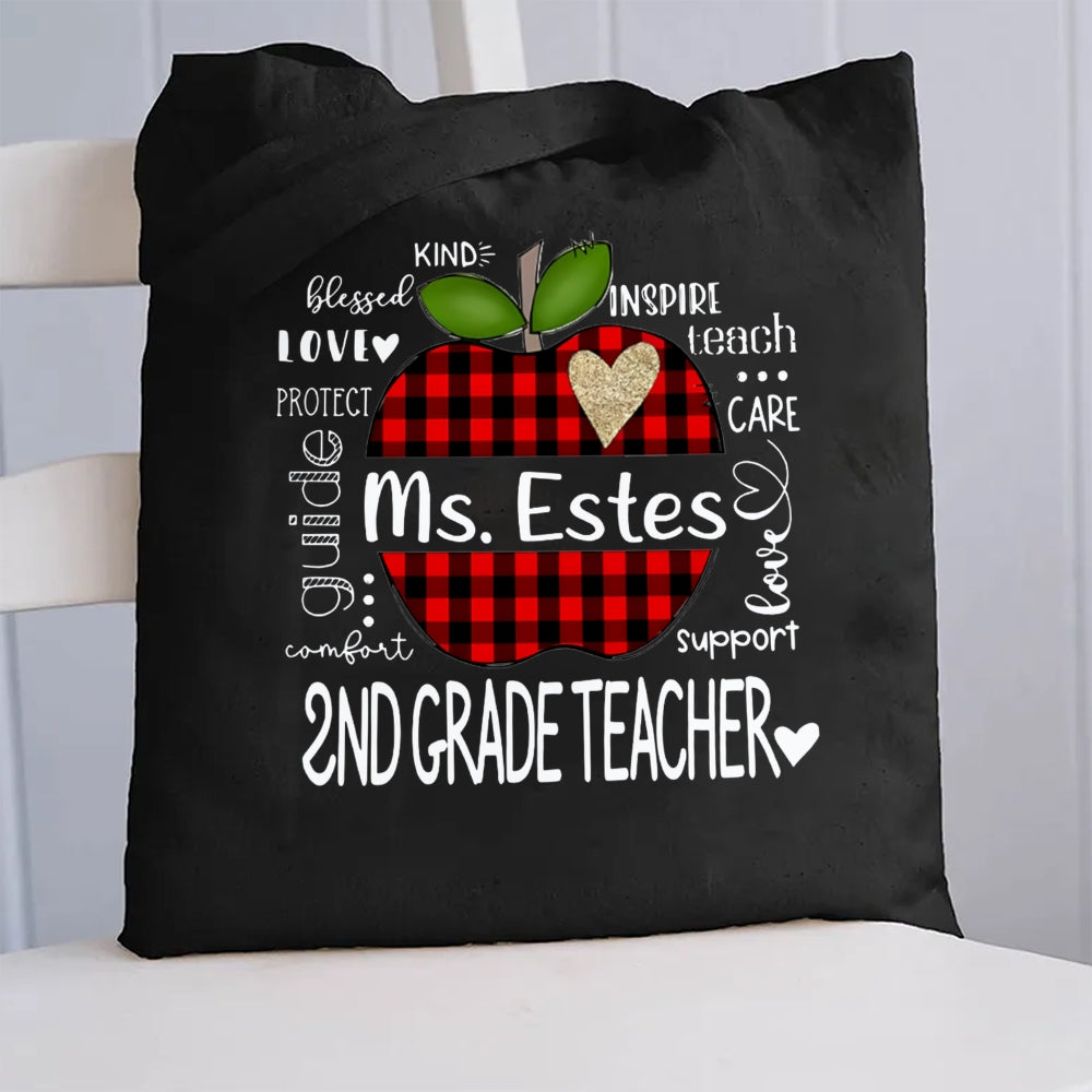 Personalized Grade And Name Apple Checkerboard Apple Canvas Tote Bag