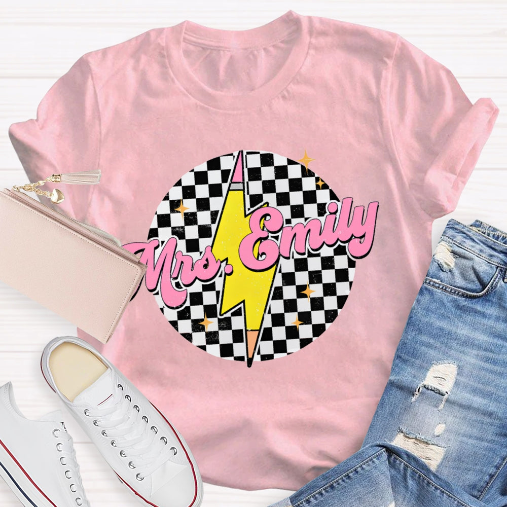 Personalized Name Black And White Square And Lightning Print Teacher T-shirt