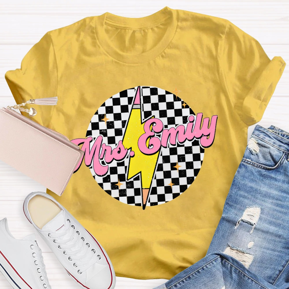 Personalized Name Black And White Square And Lightning Print Teacher T-shirt