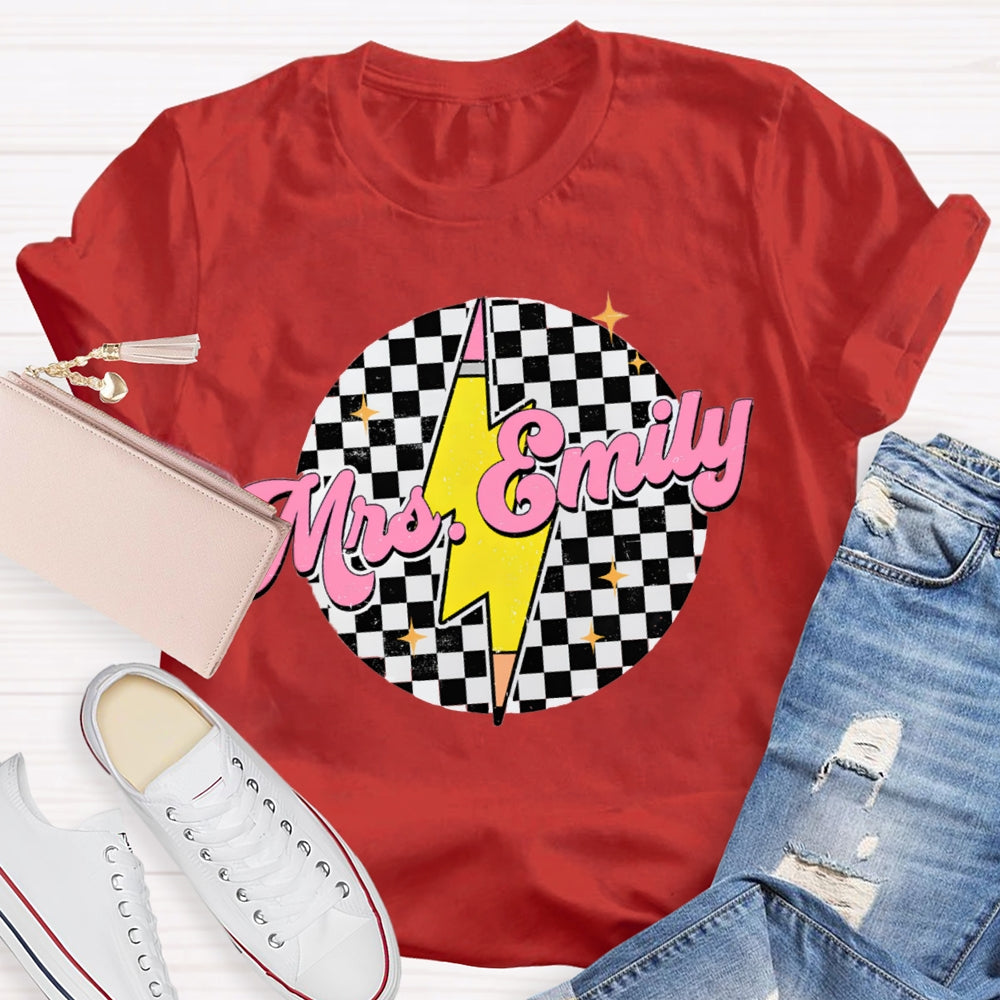 Personalized Name Black And White Square And Lightning Print Teacher T-shirt