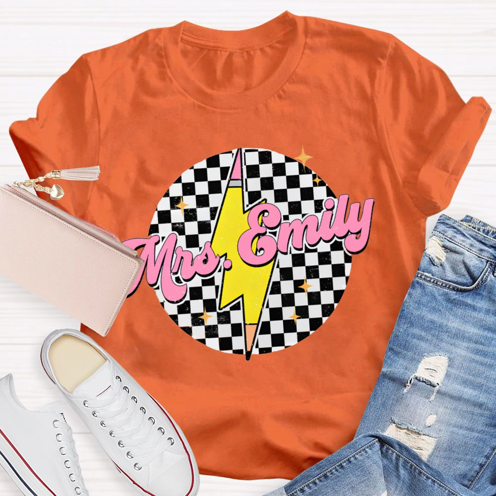 Personalized Name Black And White Square And Lightning Print Teacher T-shirt