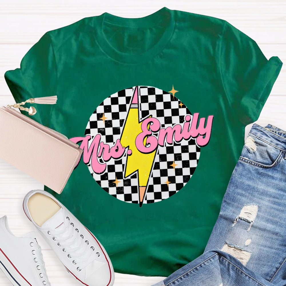 Personalized Name Black And White Square And Lightning Print Teacher T-shirt