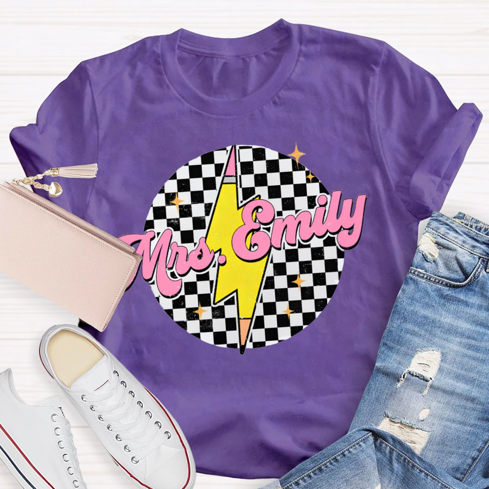 Personalized Name Black And White Square And Lightning Print Teacher T-shirt