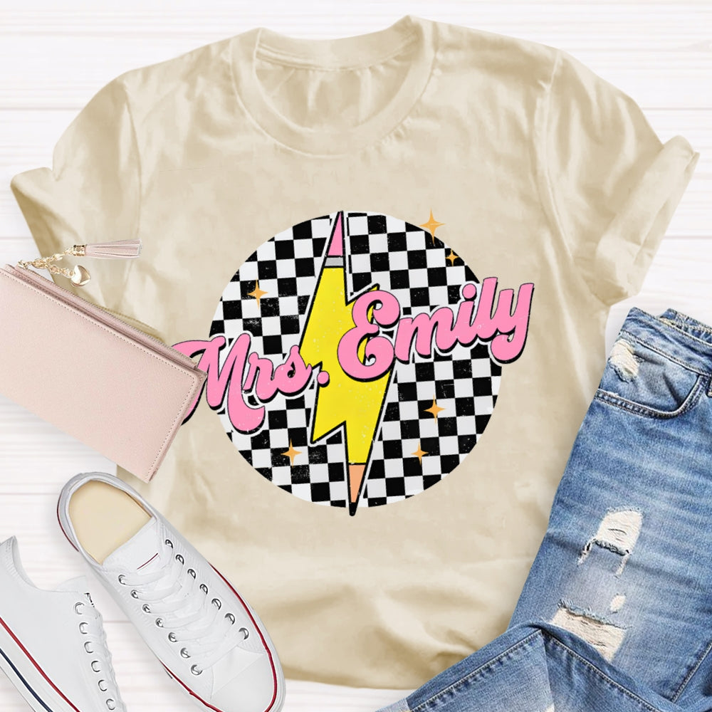 Personalized Name Black And White Square And Lightning Print Teacher T-shirt