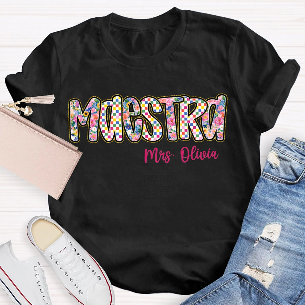 Personalized Name Maestra Bilingual Teacher Colorful Tie-Dye Print T-shirt