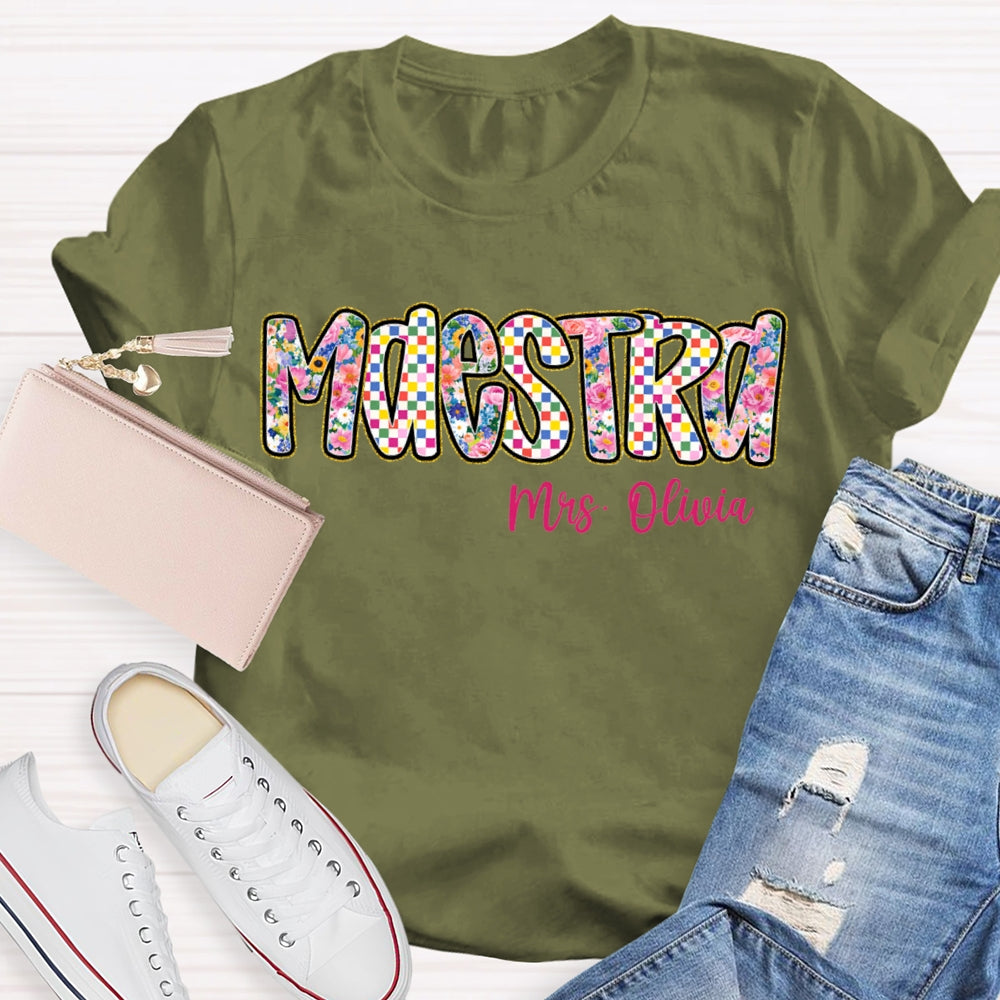 Personalized Name Maestra Bilingual Teacher Colorful Tie-Dye Print T-shirt