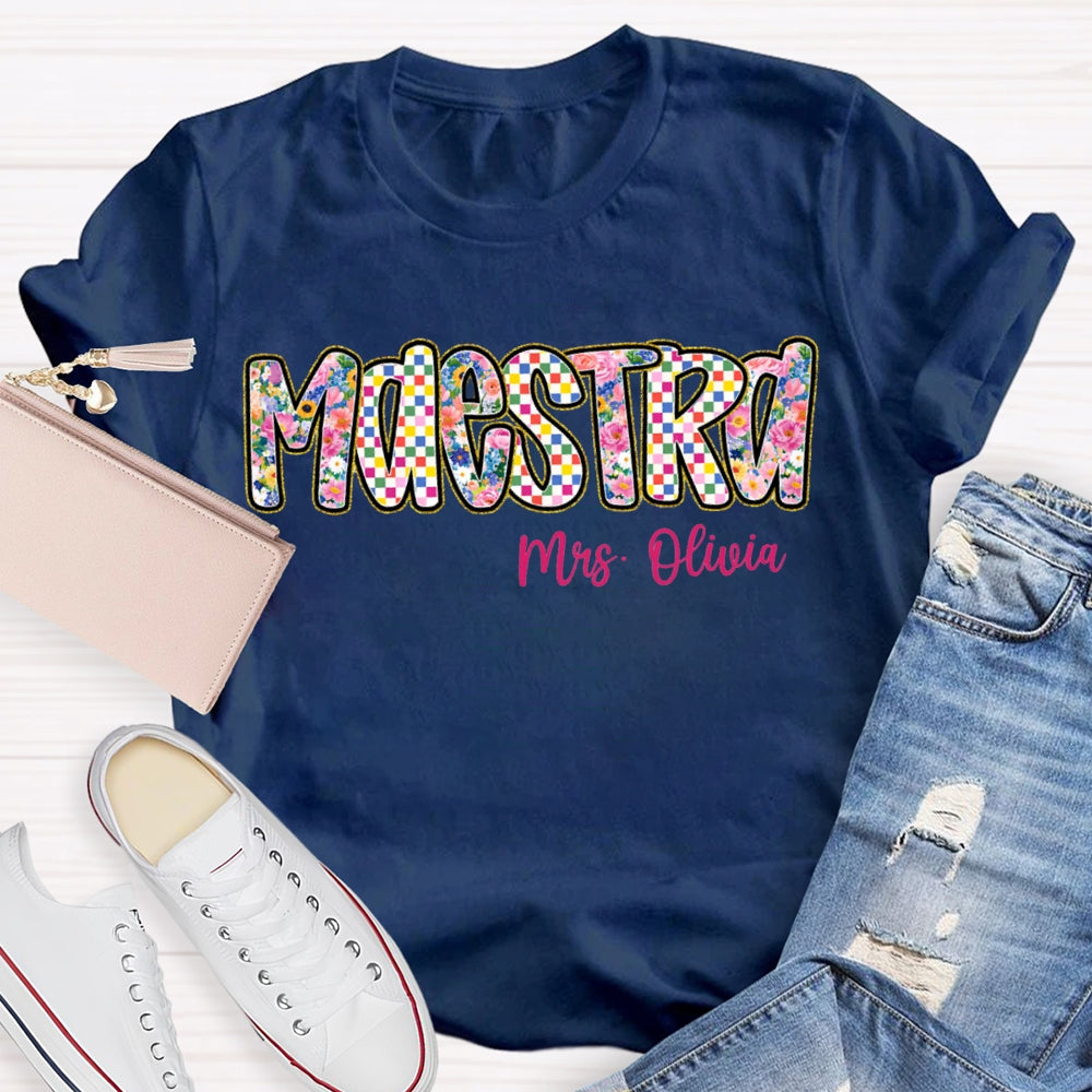 Personalized Name Maestra Bilingual Teacher Colorful Tie-Dye Print T-shirt