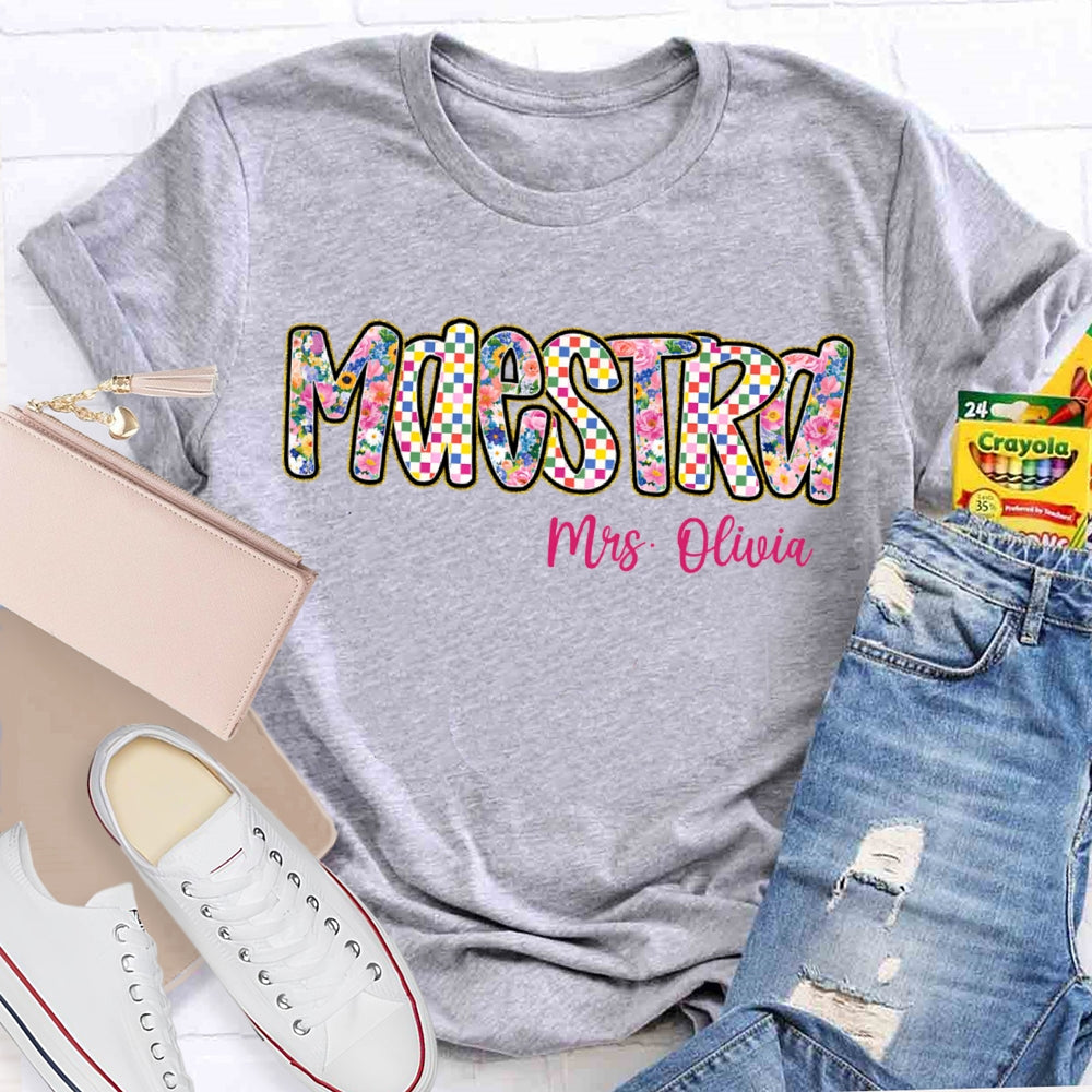 Personalized Name Maestra Bilingual Teacher Colorful Tie-Dye Print T-shirt