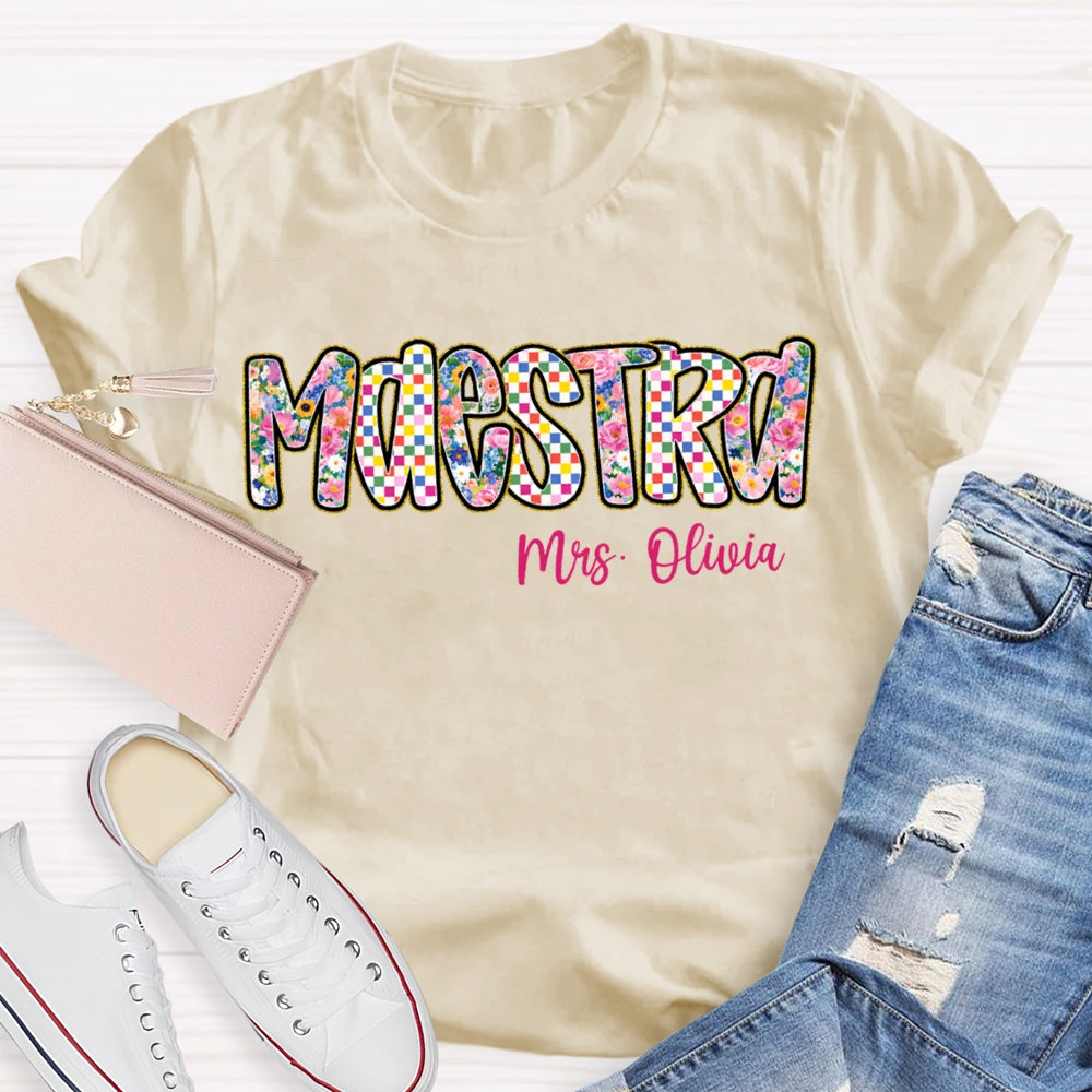 Personalized Name Maestra Bilingual Teacher Colorful Tie-Dye Print T-shirt