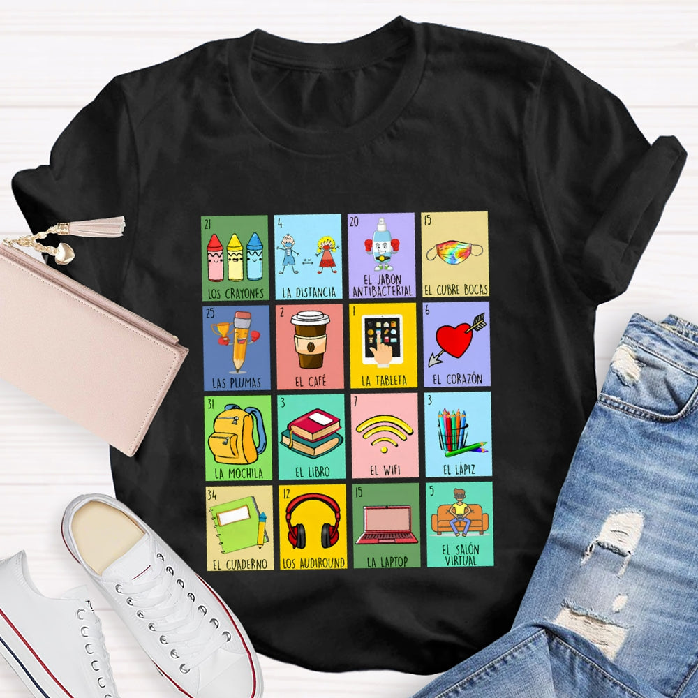 Crayones Distancia Cubrebocas Plumas Cafe Tableta Corazon Bilingual Teacher T-shirt