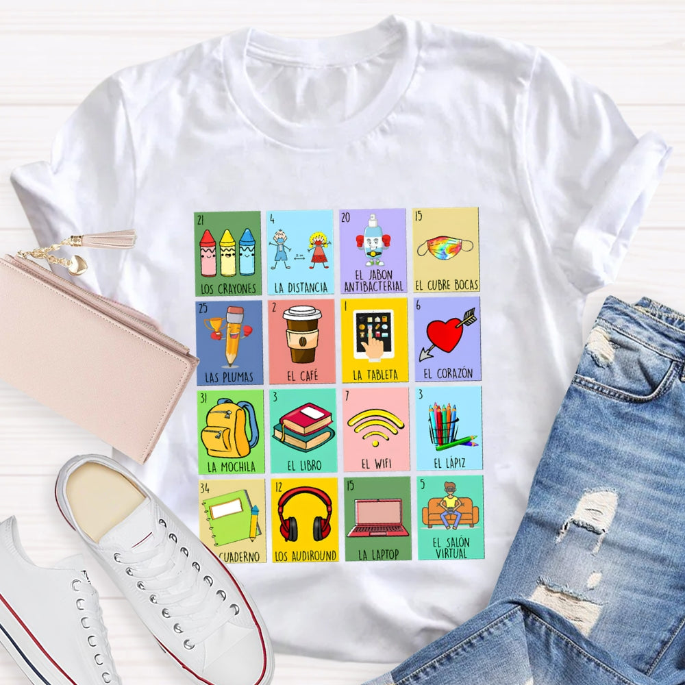 Crayones Distancia Cubrebocas Plumas Cafe Tableta Corazon Bilingual Teacher T-shirt