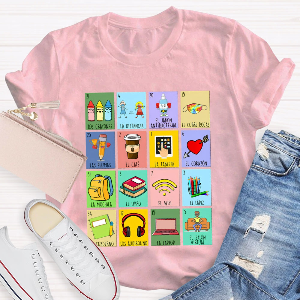 Crayones Distancia Cubrebocas Plumas Cafe Tableta Corazon Bilingual Teacher T-shirt
