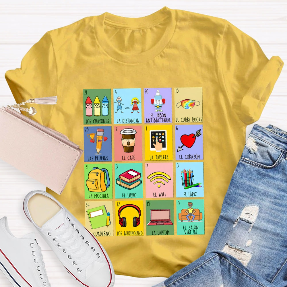 Crayones Distancia Cubrebocas Plumas Cafe Tableta Corazon Bilingual Teacher T-shirt