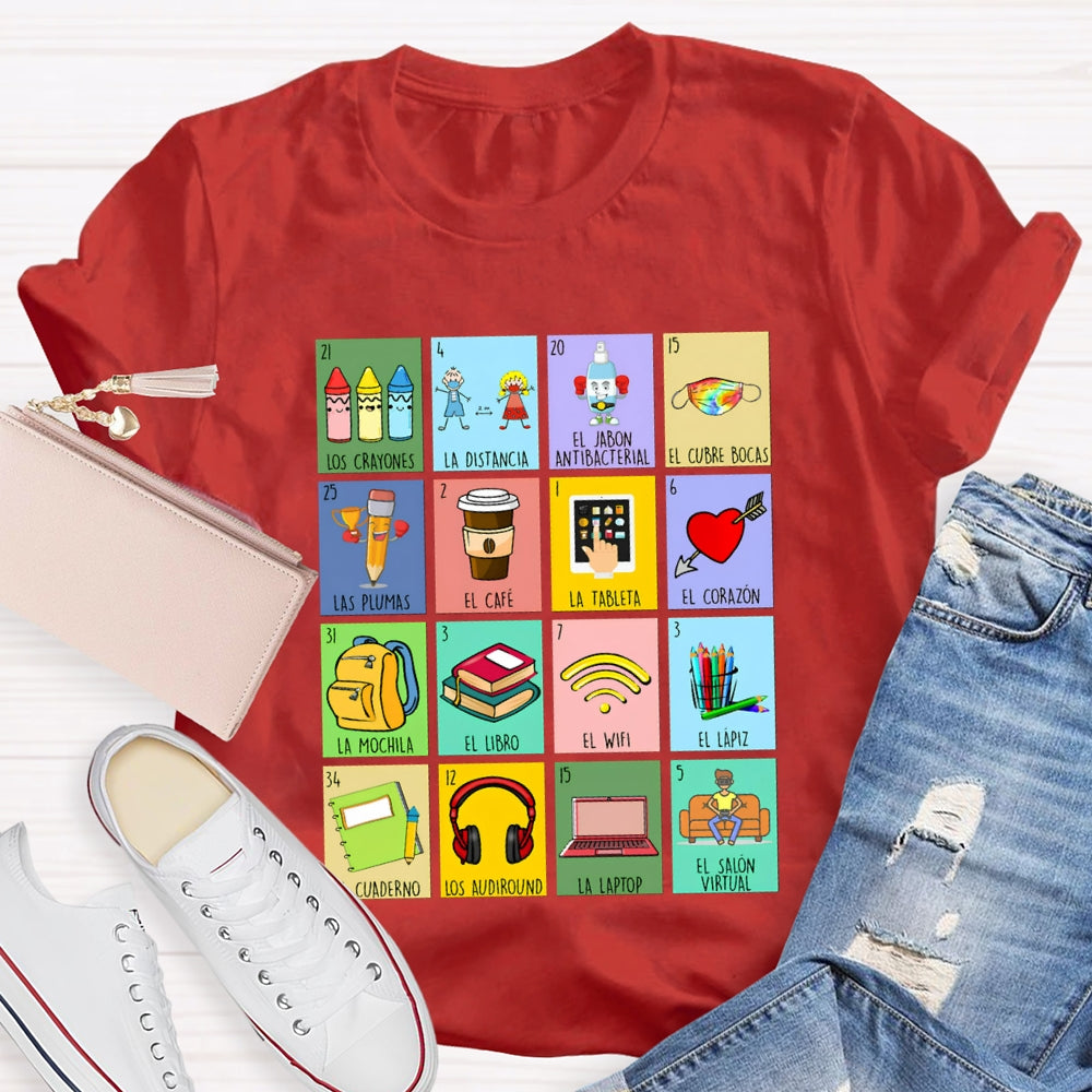 Crayones Distancia Cubrebocas Plumas Cafe Tableta Corazon Bilingual Teacher T-shirt