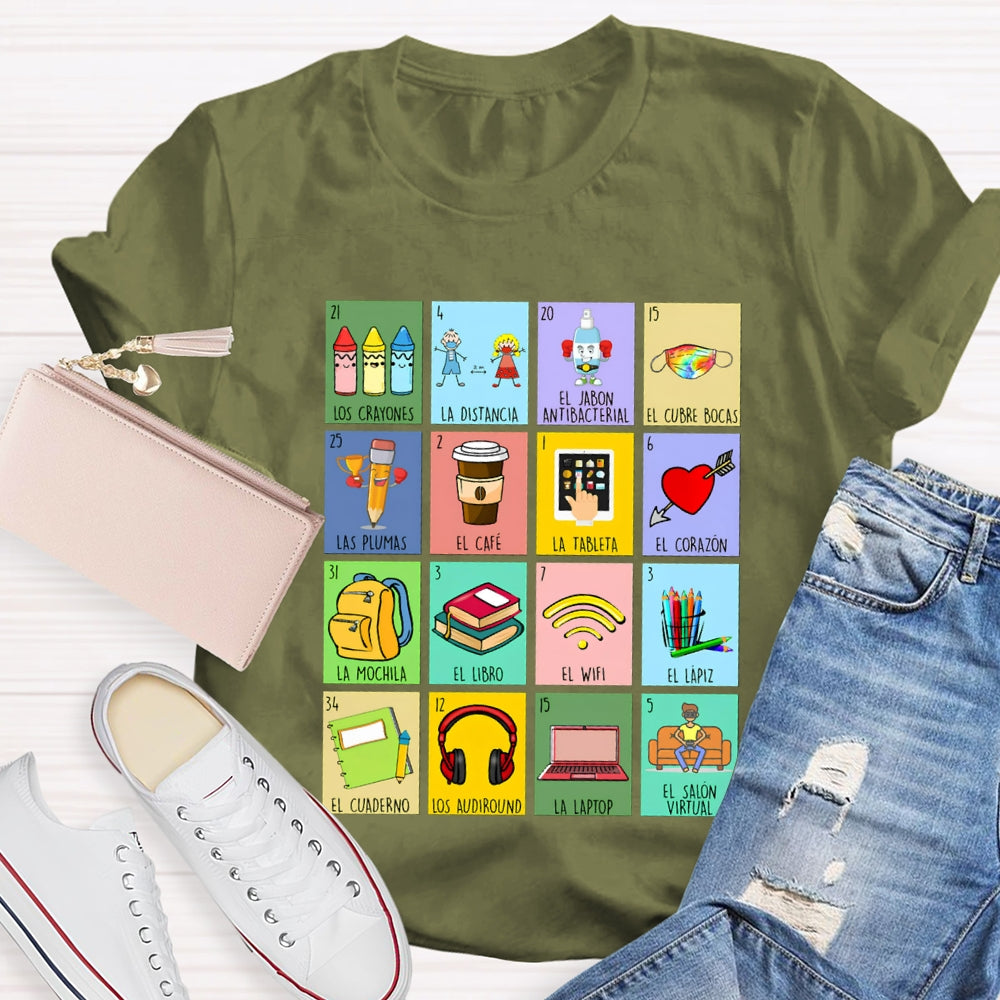 Crayones Distancia Cubrebocas Plumas Cafe Tableta Corazon Bilingual Teacher T-shirt