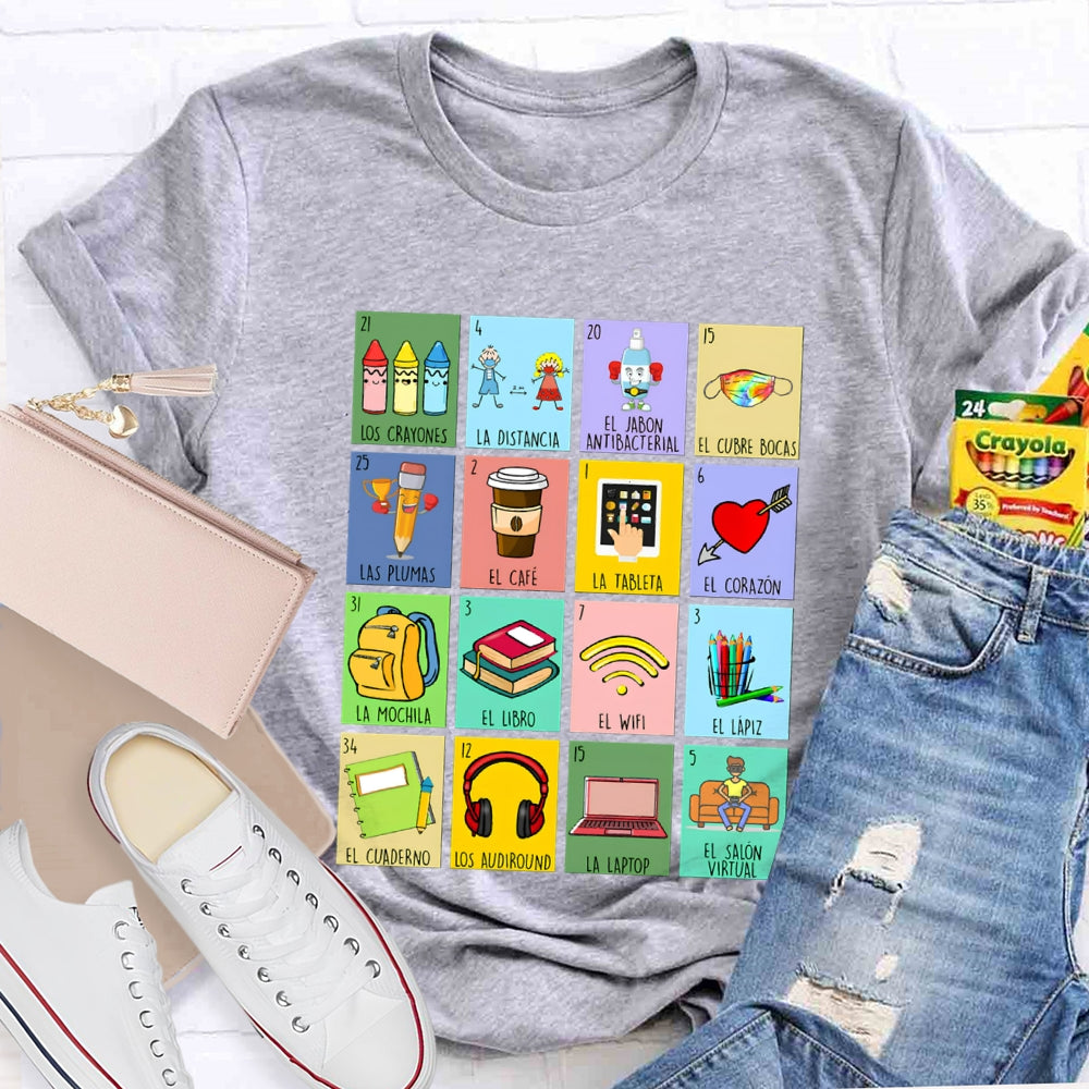 Crayones Distancia Cubrebocas Plumas Cafe Tableta Corazon Bilingual Teacher T-shirt