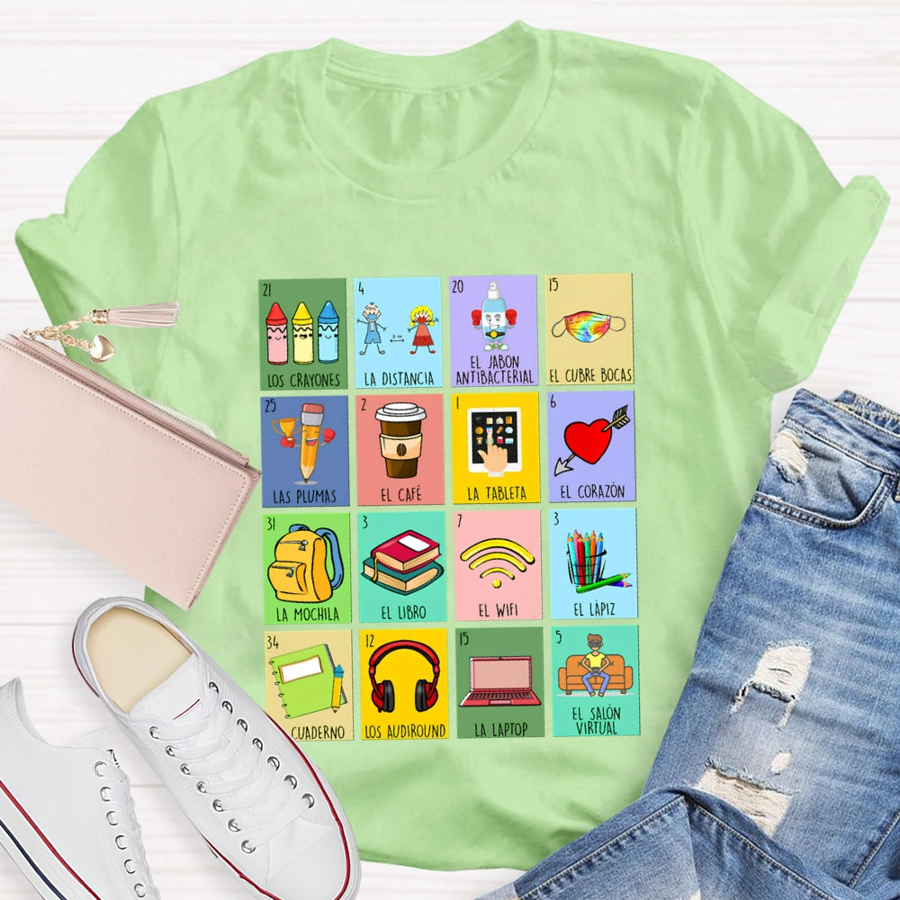 Crayones Distancia Cubrebocas Plumas Cafe Tableta Corazon Bilingual Teacher T-shirt